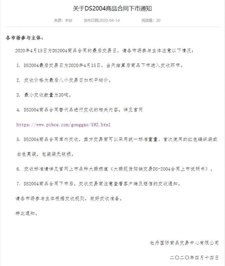 关于DS2004商品合同下市通知