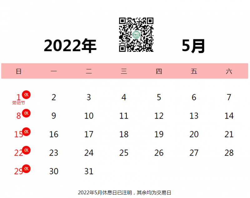 2022年5月交易日历